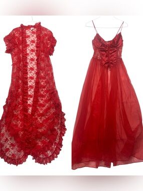 Fredericks of Hollywood size 10/12 small medium Red Lace Robe Set lingerie night